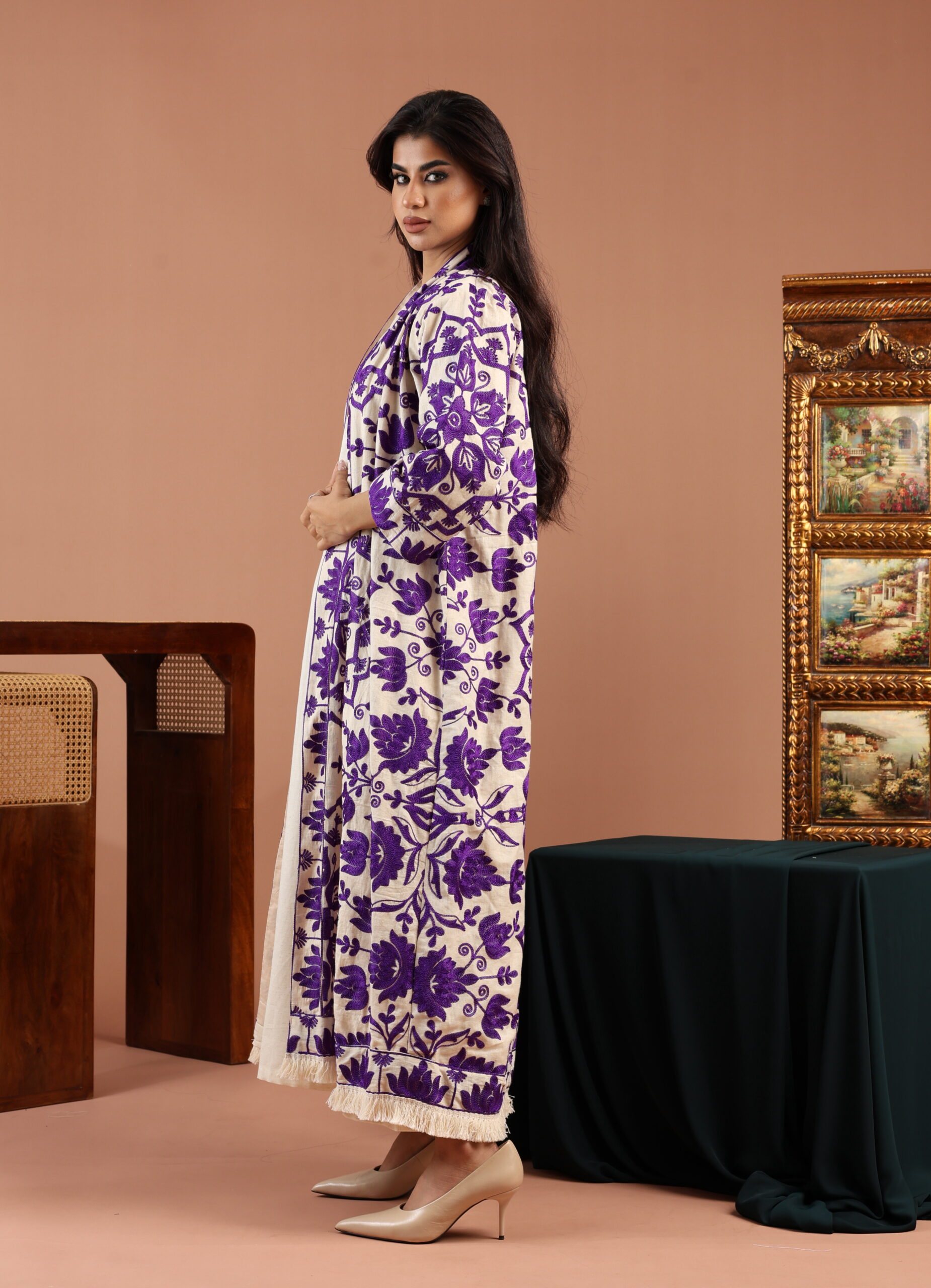 Purple Embroidered Linen Cardigan Dress - Image 1