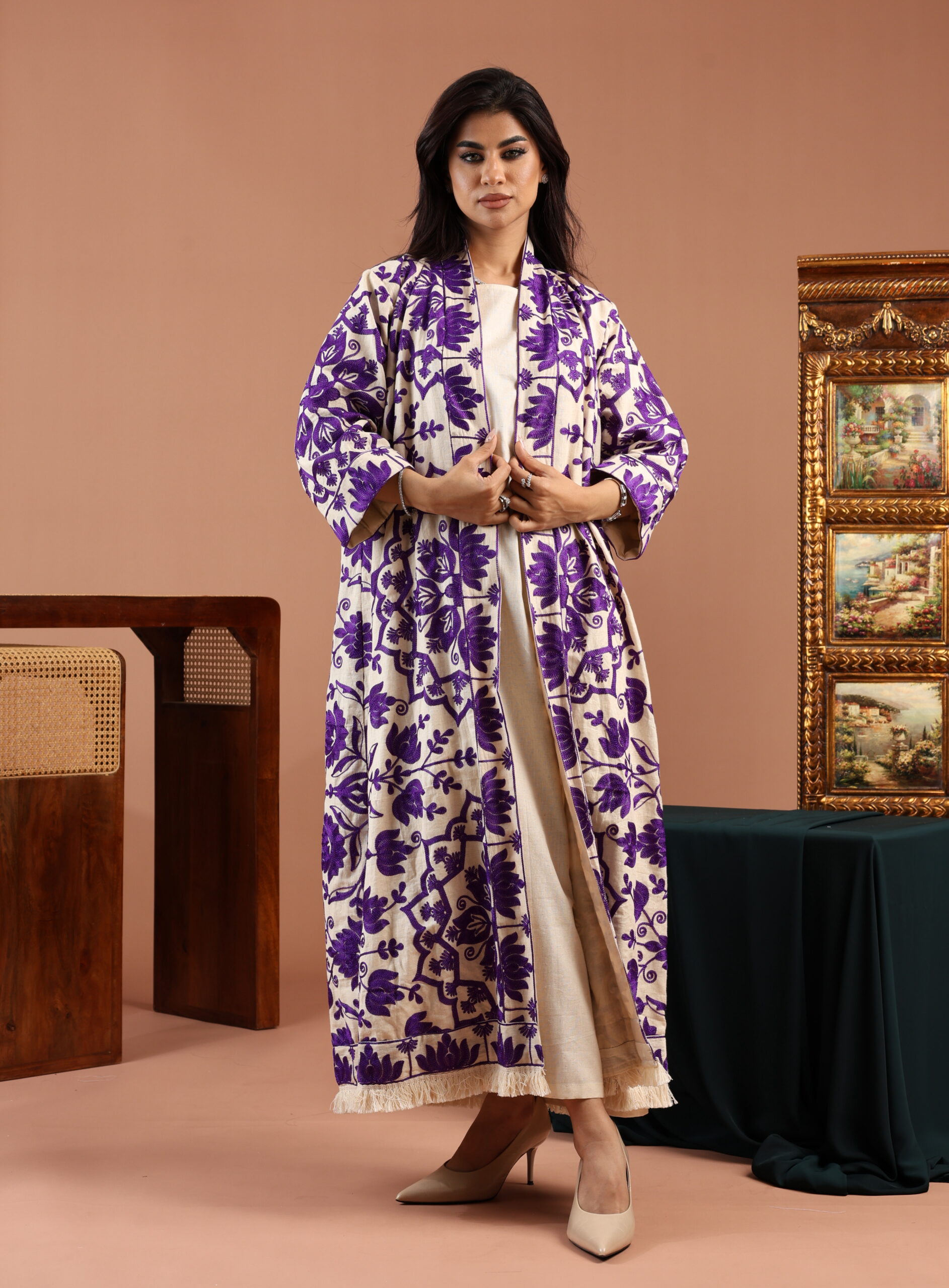 Purple Embroidered Linen Cardigan Dress - Image 4