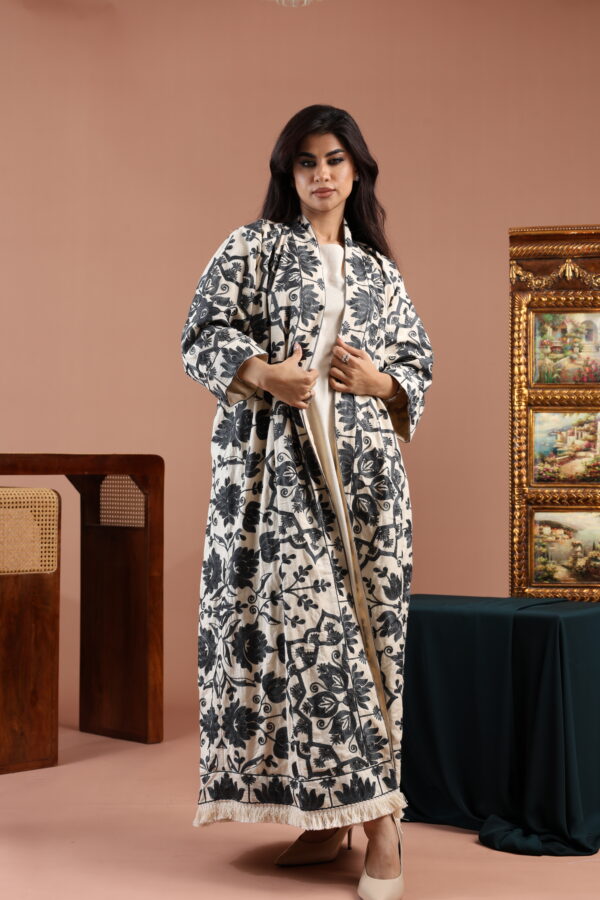 Grey Blue Embroidered Linen Cardigan Dress