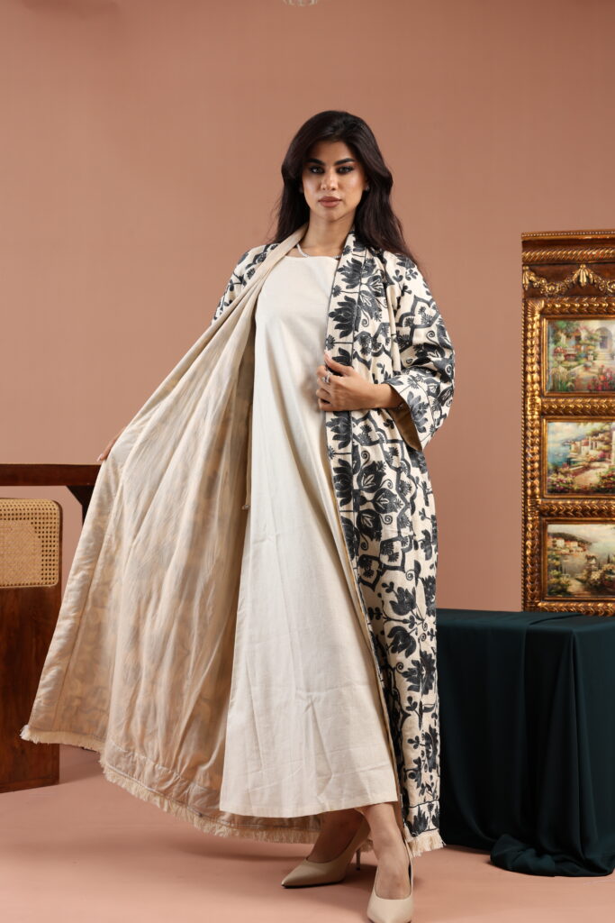 Grey Blue Embroidered Linen Cardigan Dress