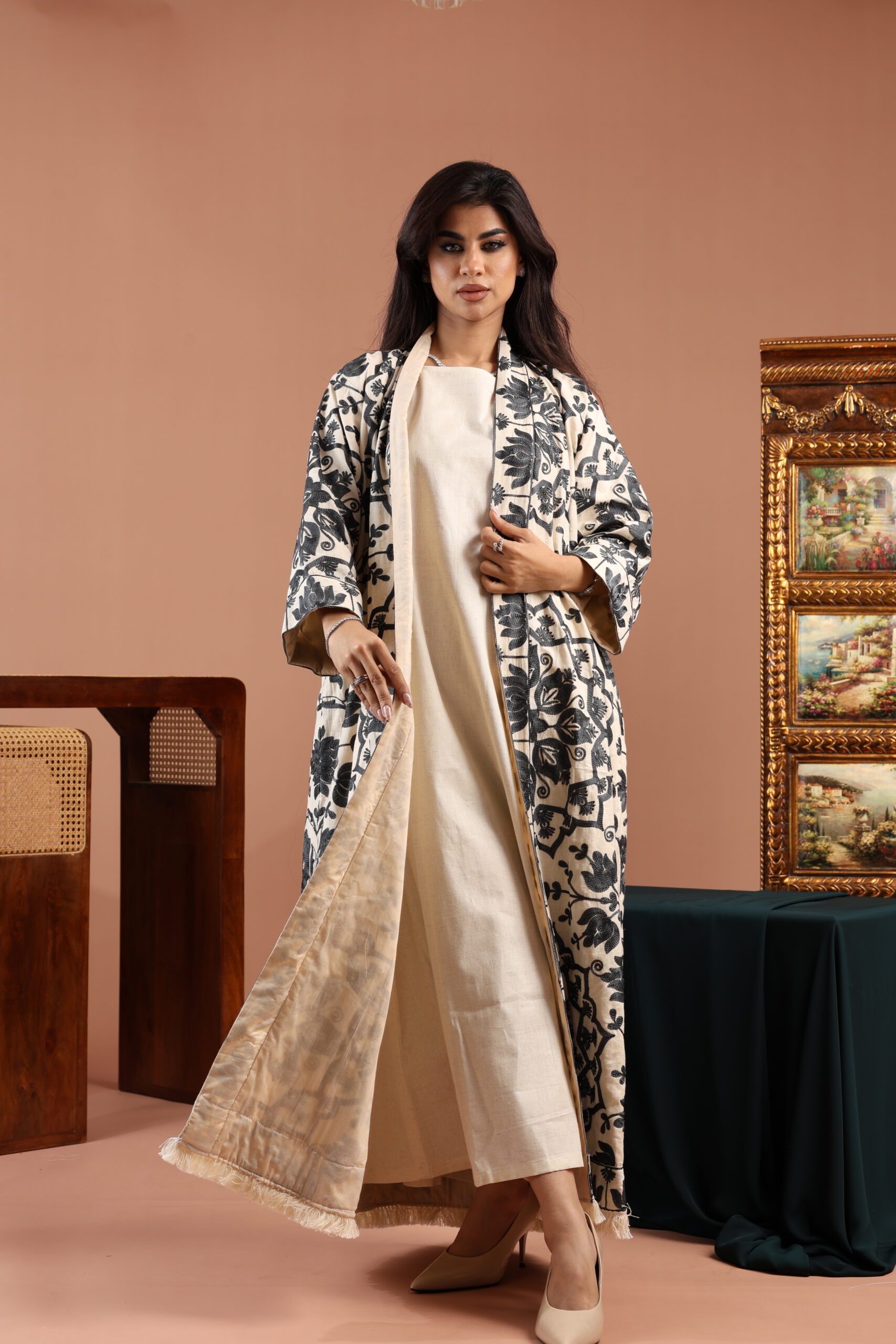 Grey Blue Embroidered Linen Cardigan Dress - Image 3