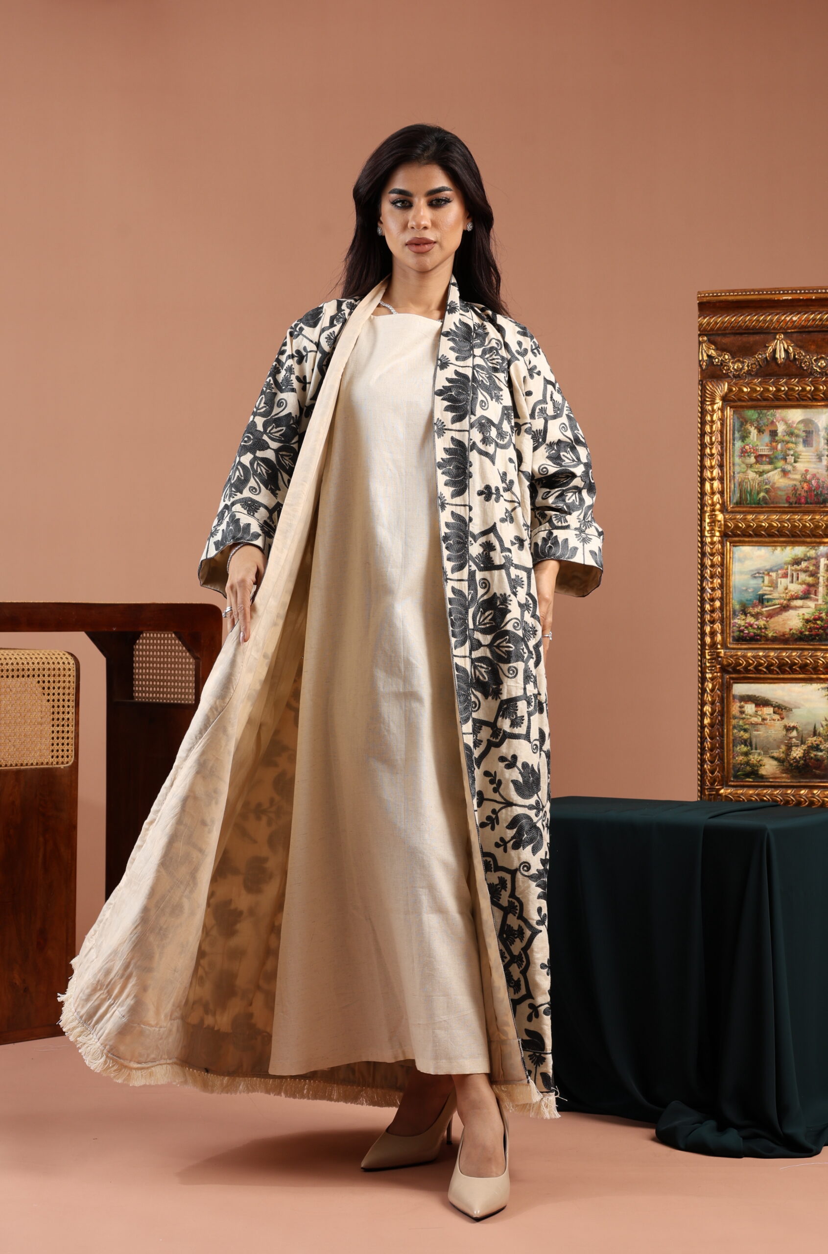 Grey Blue Embroidered Linen Cardigan Dress - Image 5