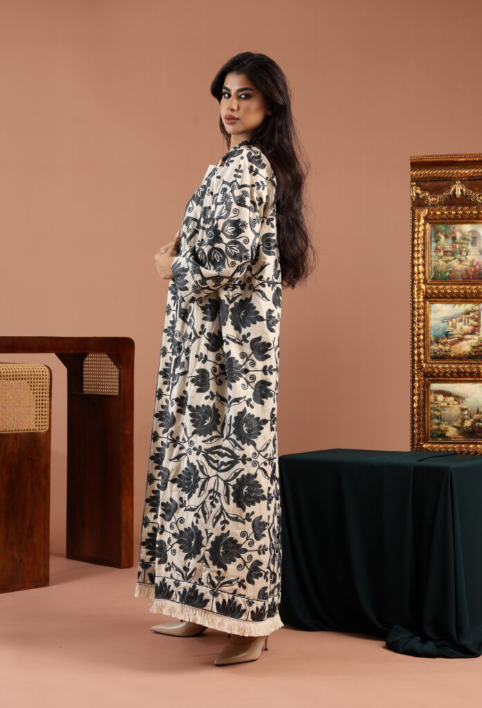Grey Blue Embroidered Linen Cardigan Dress