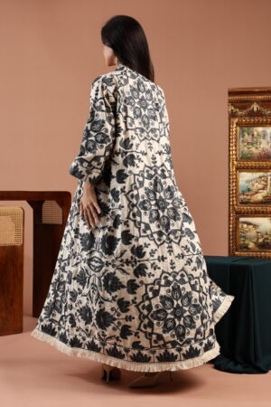 Grey Blue Embroidered Linen Cardigan Dress