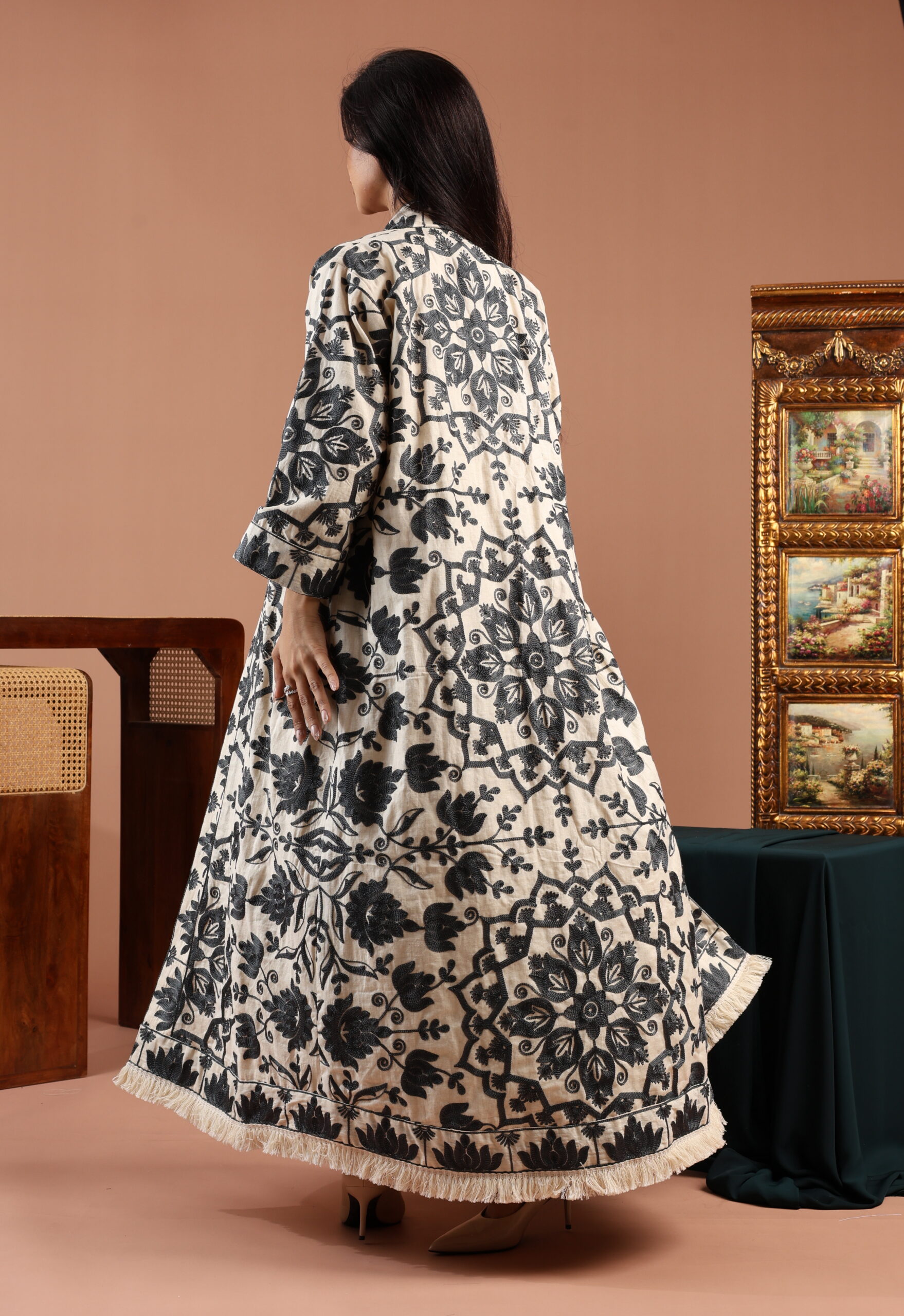 Grey Blue Embroidered Linen Cardigan Dress - Image 1