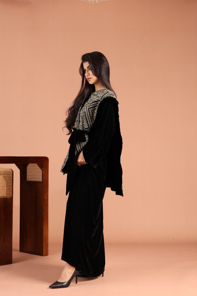 Velvet Dress with Embellished Linen Vest Set