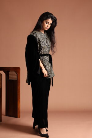 Velvet Dress with Embellished Linen Vest Set