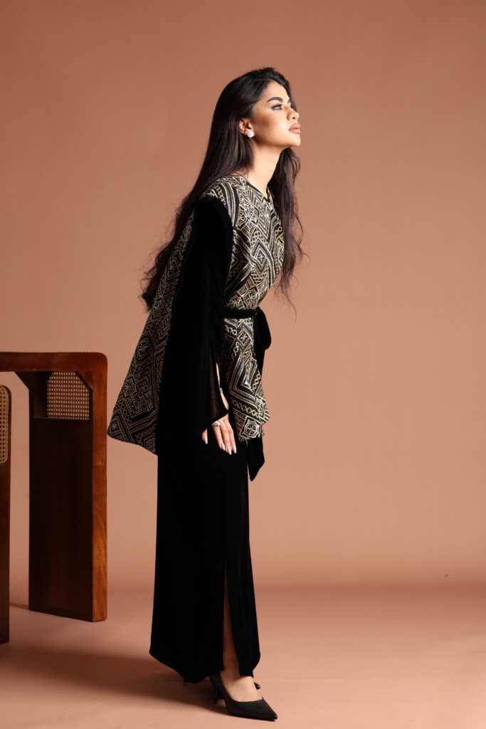 Velvet Dress with Embellished Linen Vest Set
