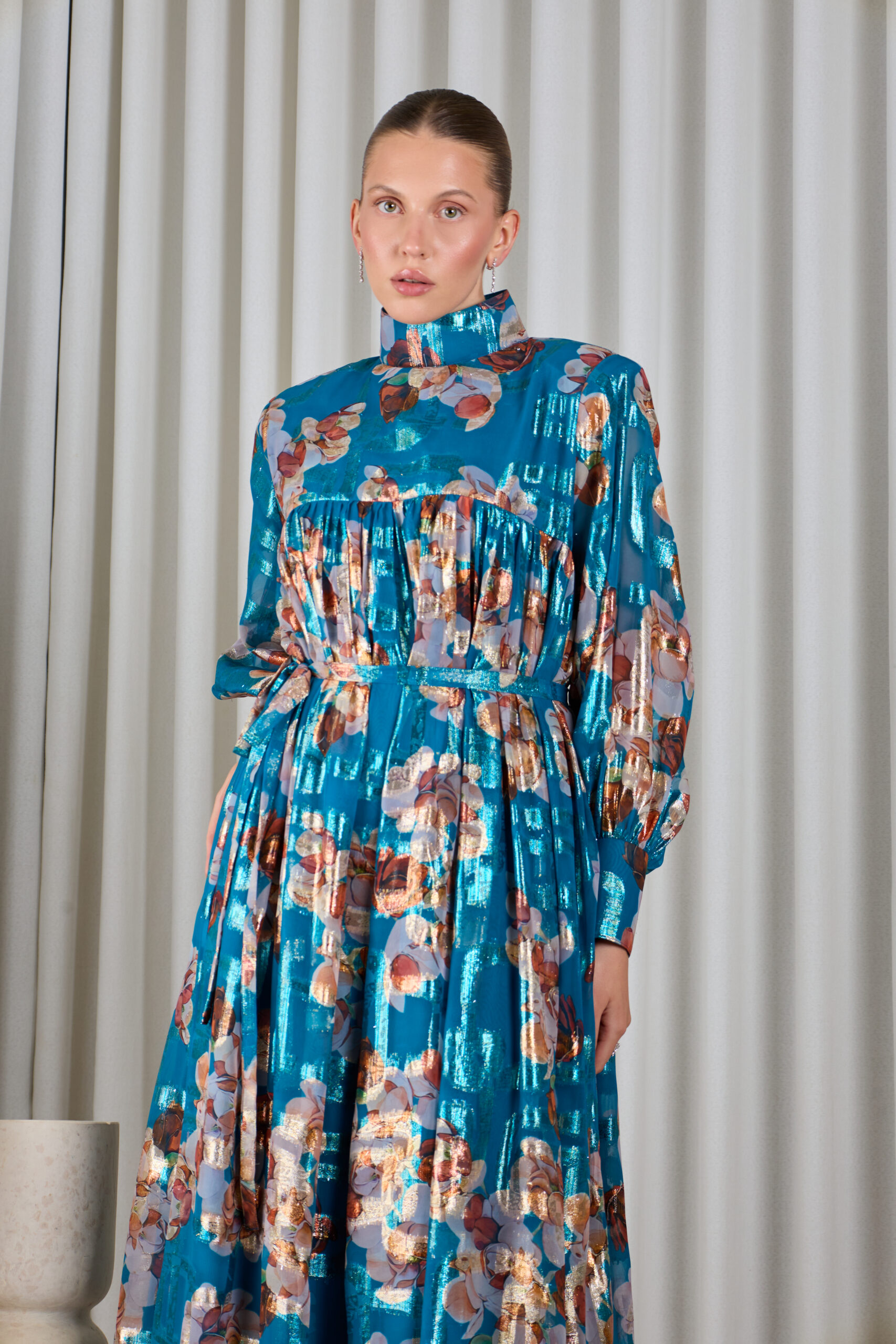 Metalic Floral Dress in Sapphire Blue - Image 2