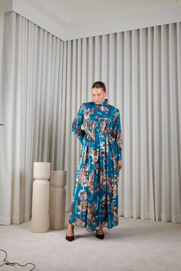 Metalic Floral Dress in Sapphire Blue