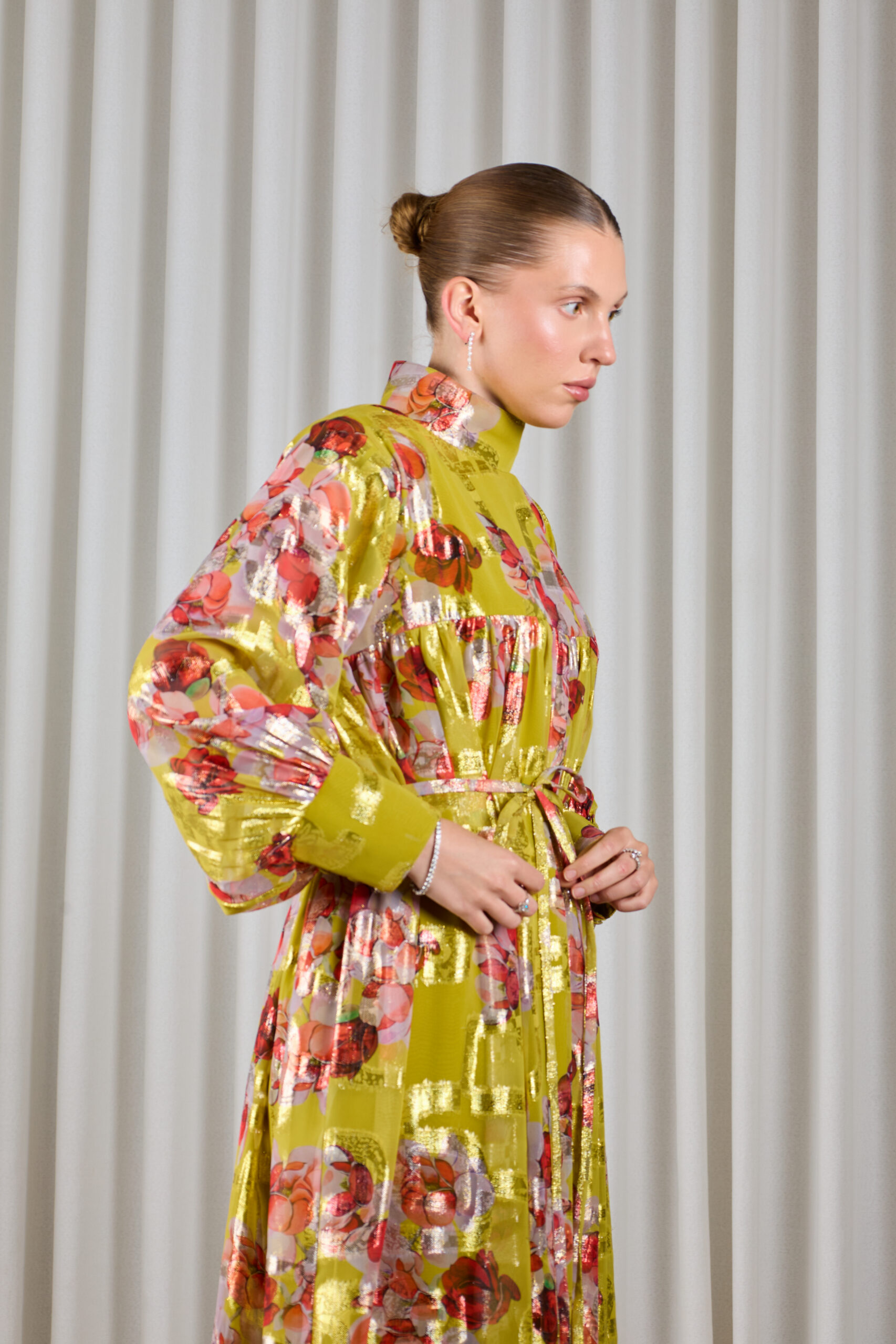 Metalic Floral Dress in Yellow - Image 7