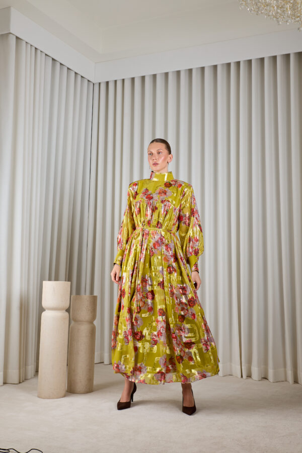 Metalic Floral Dress in Yellow