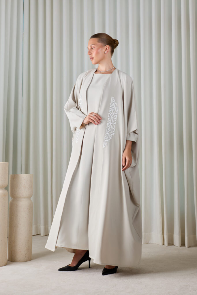 Pearl Grey Geometric Abaya Sets