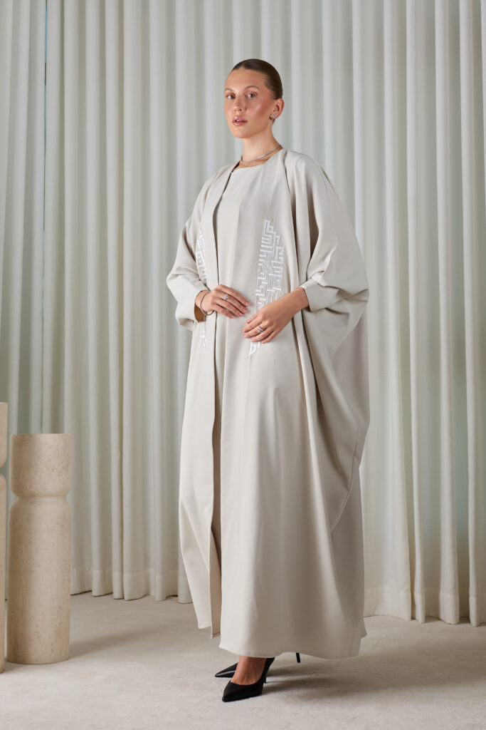 Pearl Grey Geometric Abaya Sets