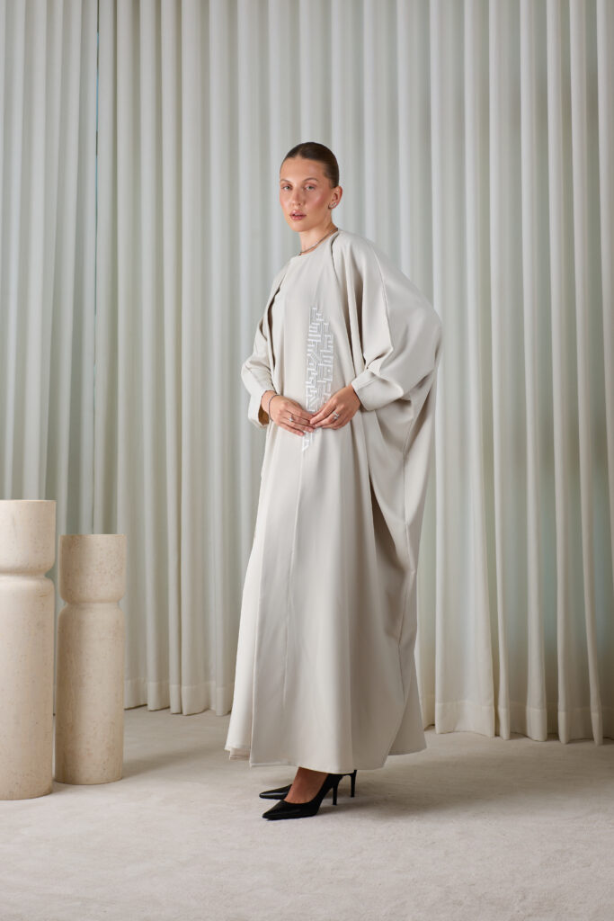 Pearl Grey Geometric Abaya Sets