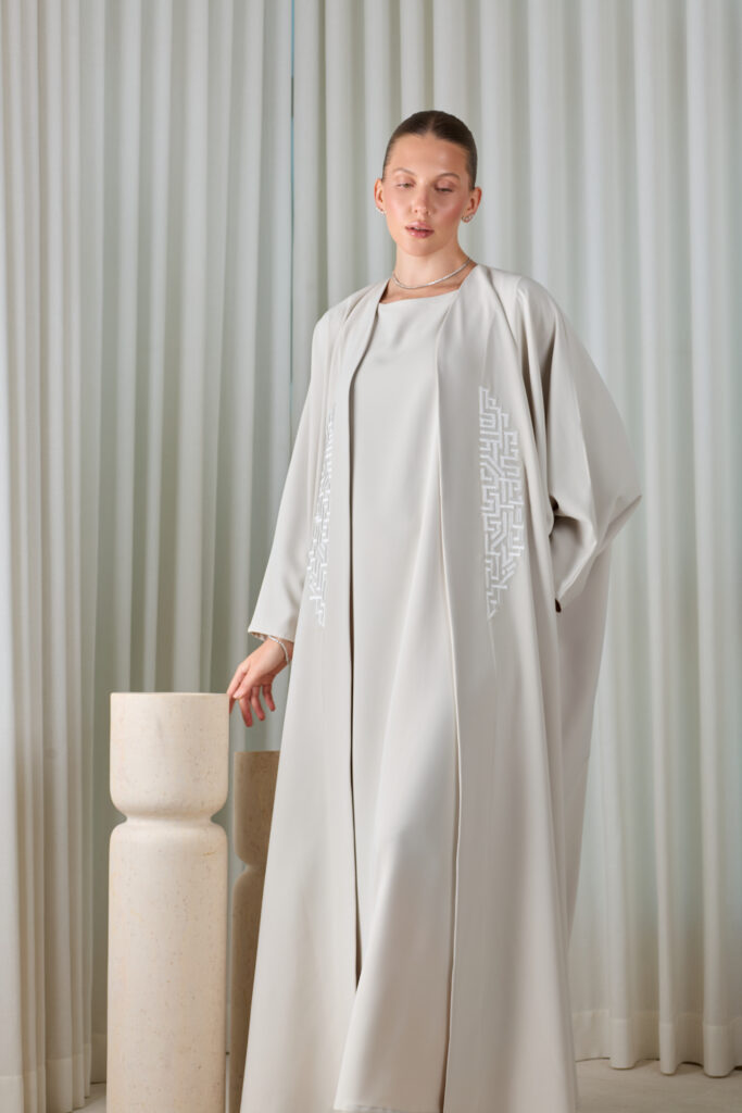 Pearl Grey Geometric Abaya Sets