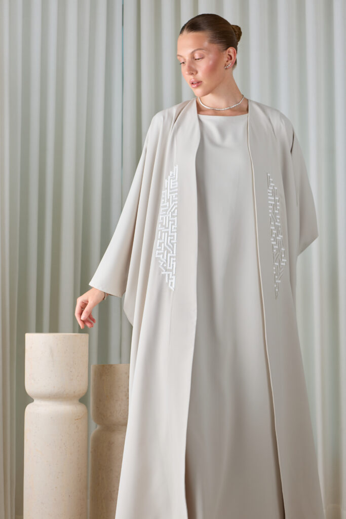Pearl Grey Geometric Abaya Sets