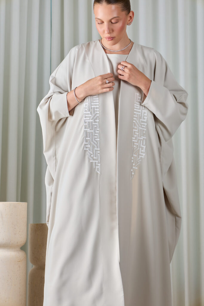 Pearl Grey Geometric Abaya Sets