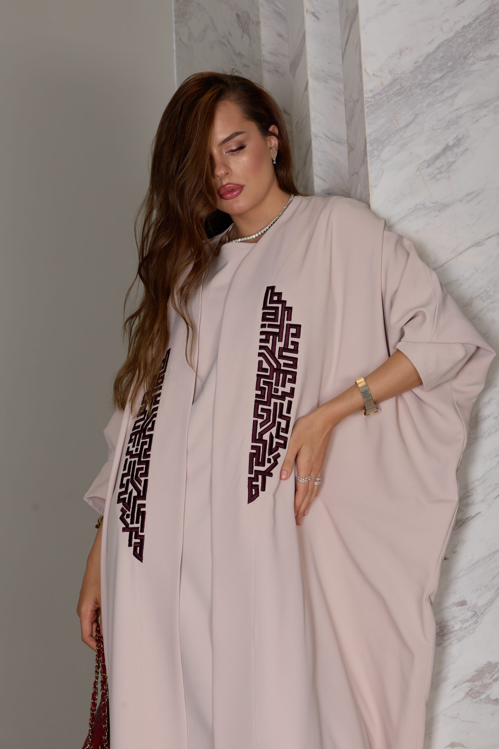 Light Blush With Maroon Embroidery Abaya Set - Image 2