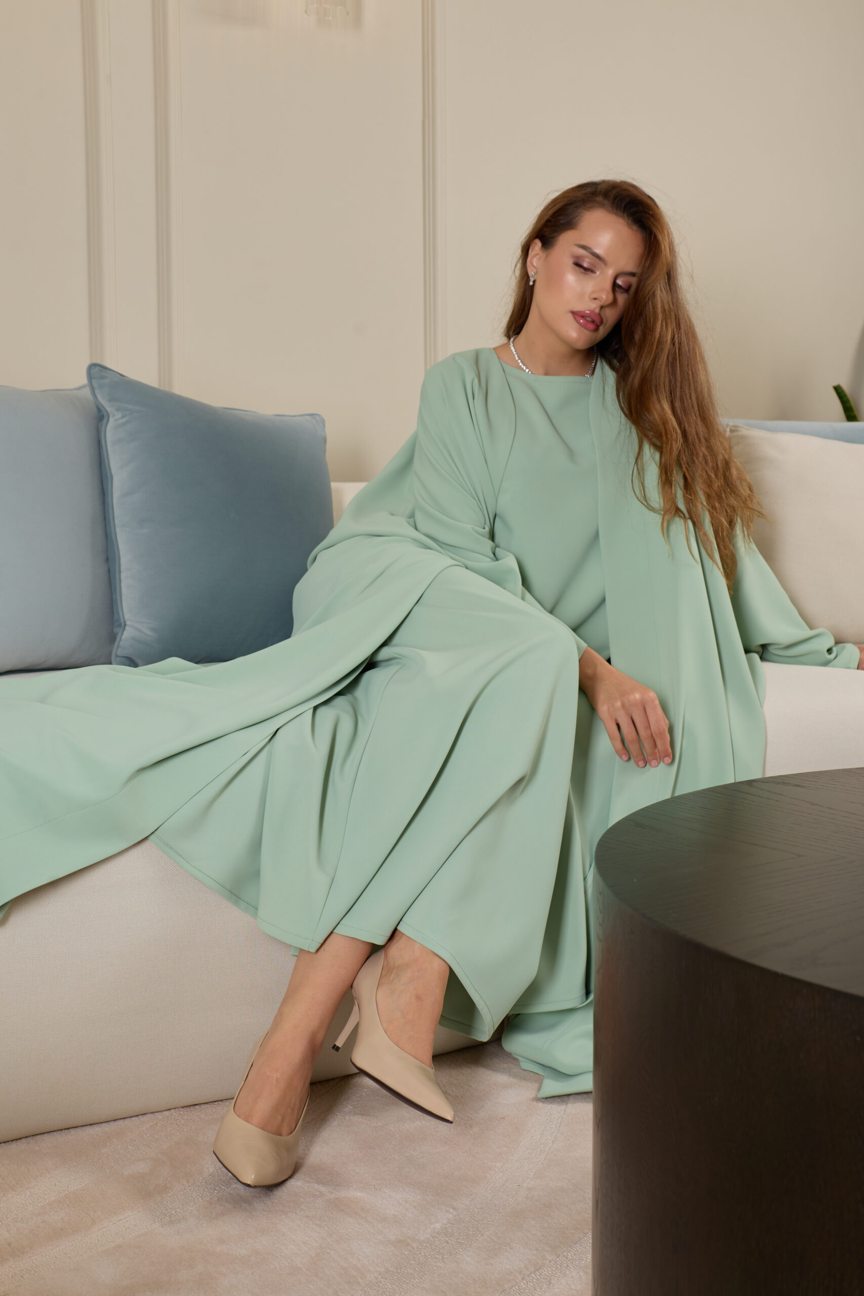 Pastel Green Plain Abaya Set - Image 1