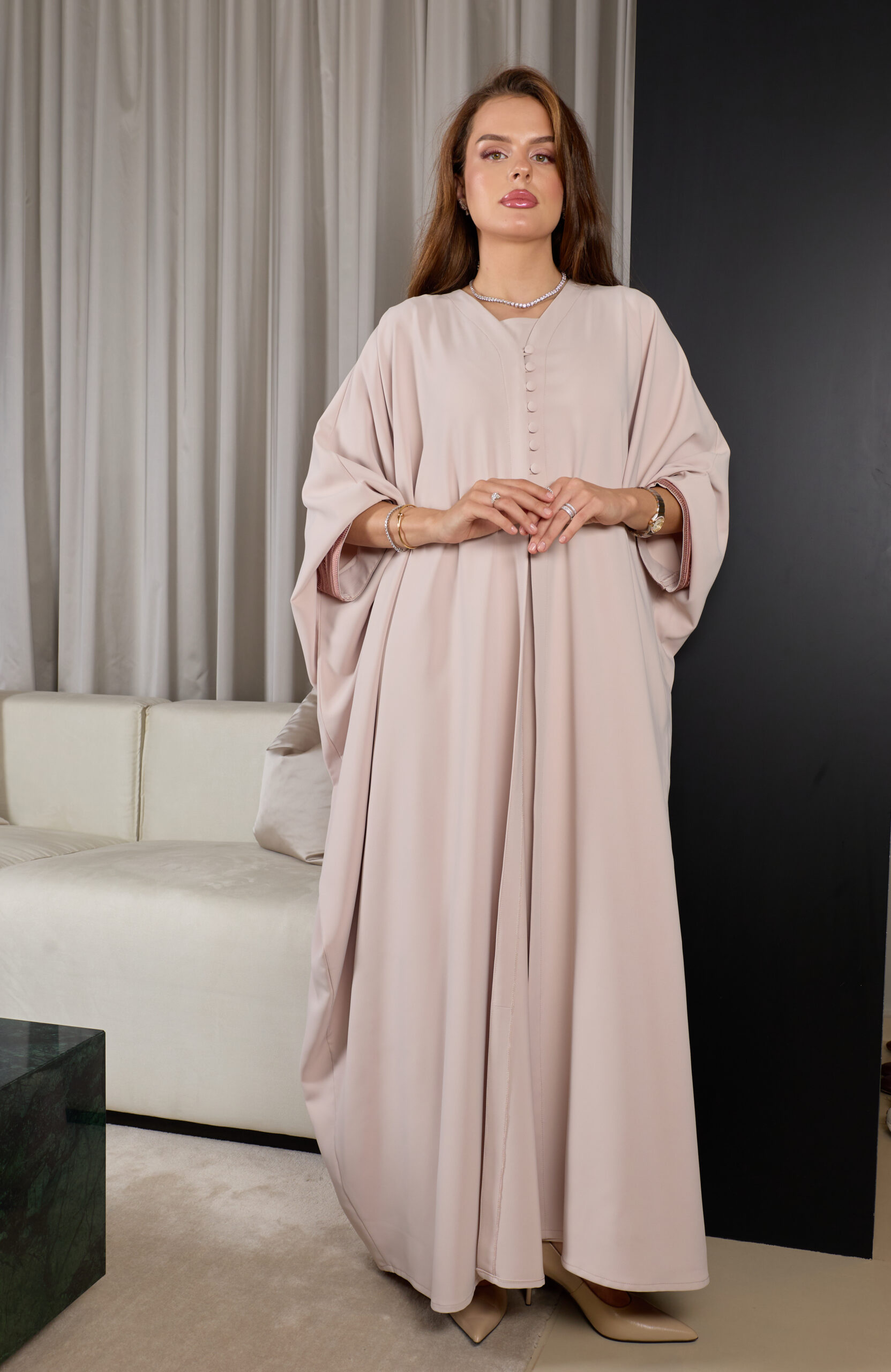Light Blush With Muted Dusted Purple Zary Cuffs Abaya - Image 3
