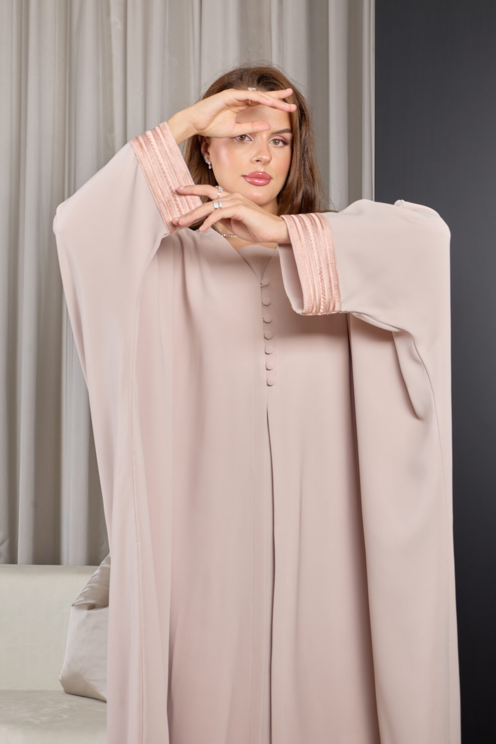Light Blush With Muted Blush Zary Cuffs Abaya - Image 4