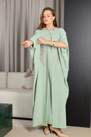 Pastel Green With Purple Embroidery Abaya Set - Image 2