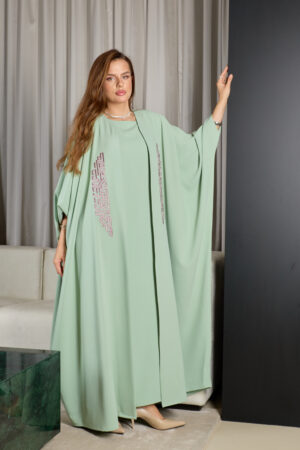 Pastel Green With Purple Embroidery Abaya Set - Image 1