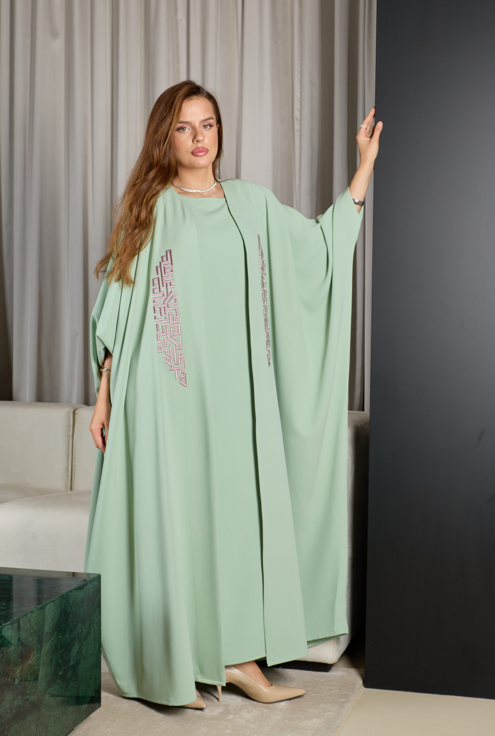 Pastel Green With Purple Embroidery Abaya Set - Image 1