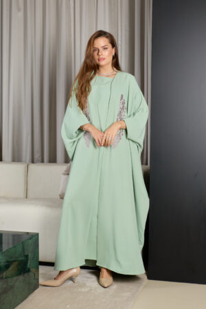 Pastel Green With Purple Embroidery Abaya Set - Image 5