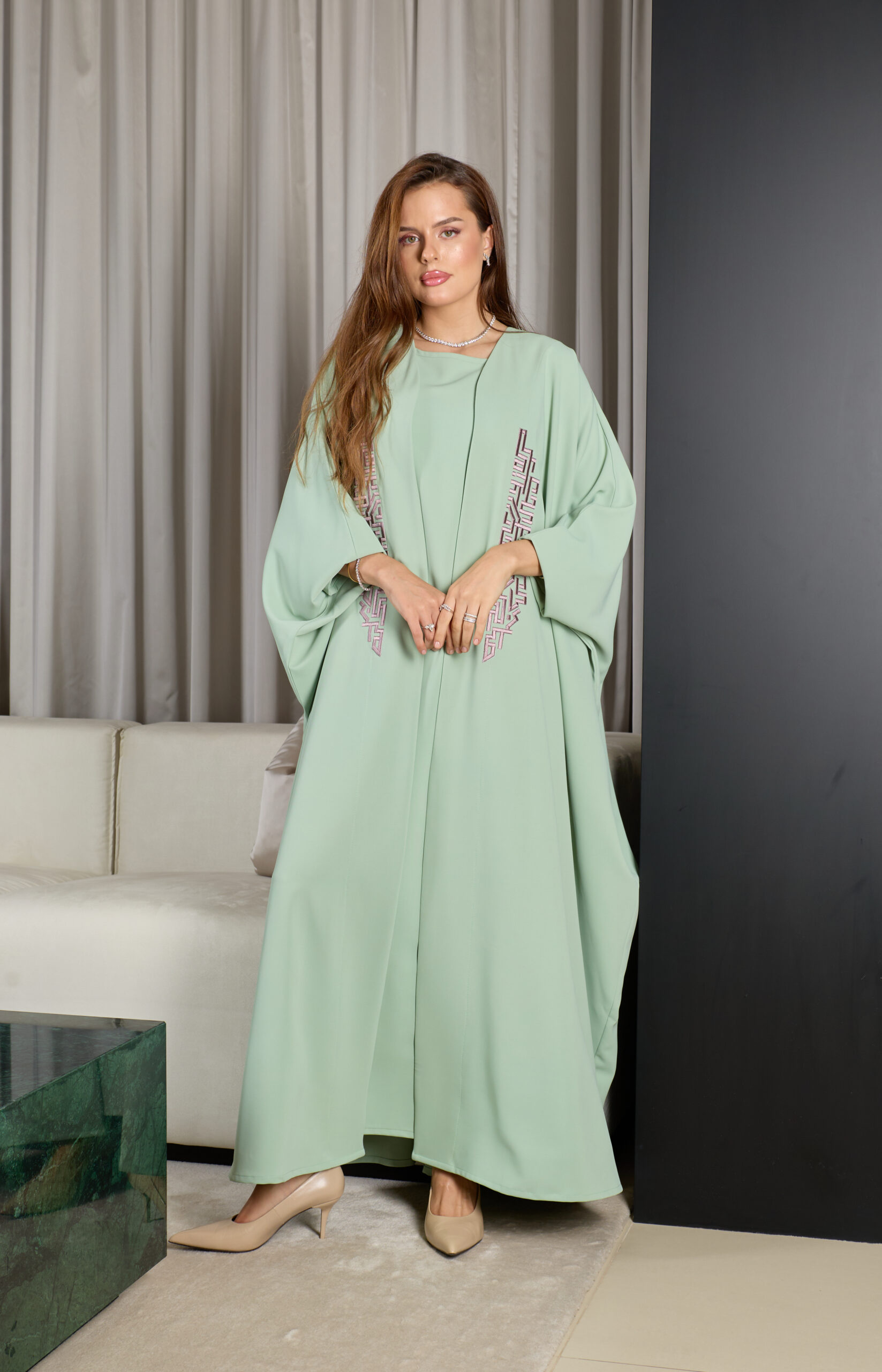 Pastel Green With Purple Embroidery Abaya Set - Image 5