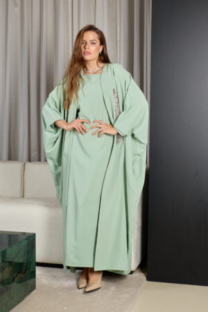Pastel Green With Purple Embroidery Abaya Set - Image 7