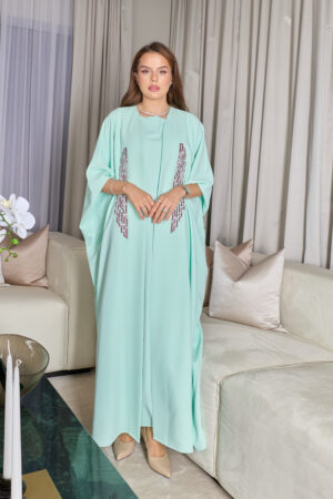 Mint Green With Purple Embroidery Abaya Set - Image 3