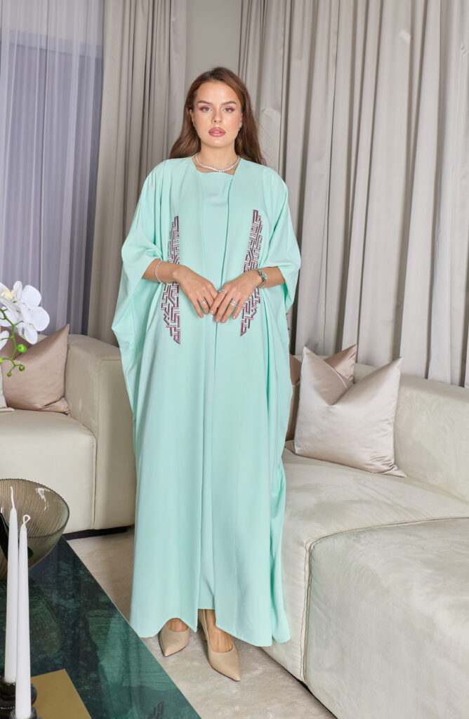 Mint Green With Purple Embroidery Abaya Set