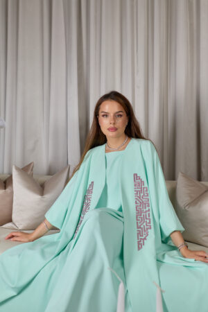 Mint Green With Purple Embroidery Abaya Set - Image 4