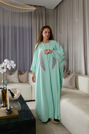 Mint Green With Purple Embroidery Abaya Set - Image 5