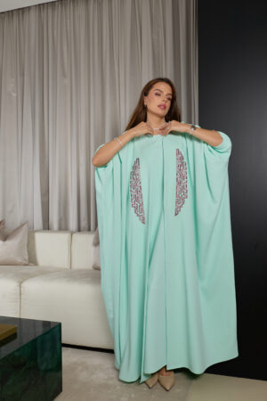 Mint Green With Purple Embroidery Abaya Set - Image 2
