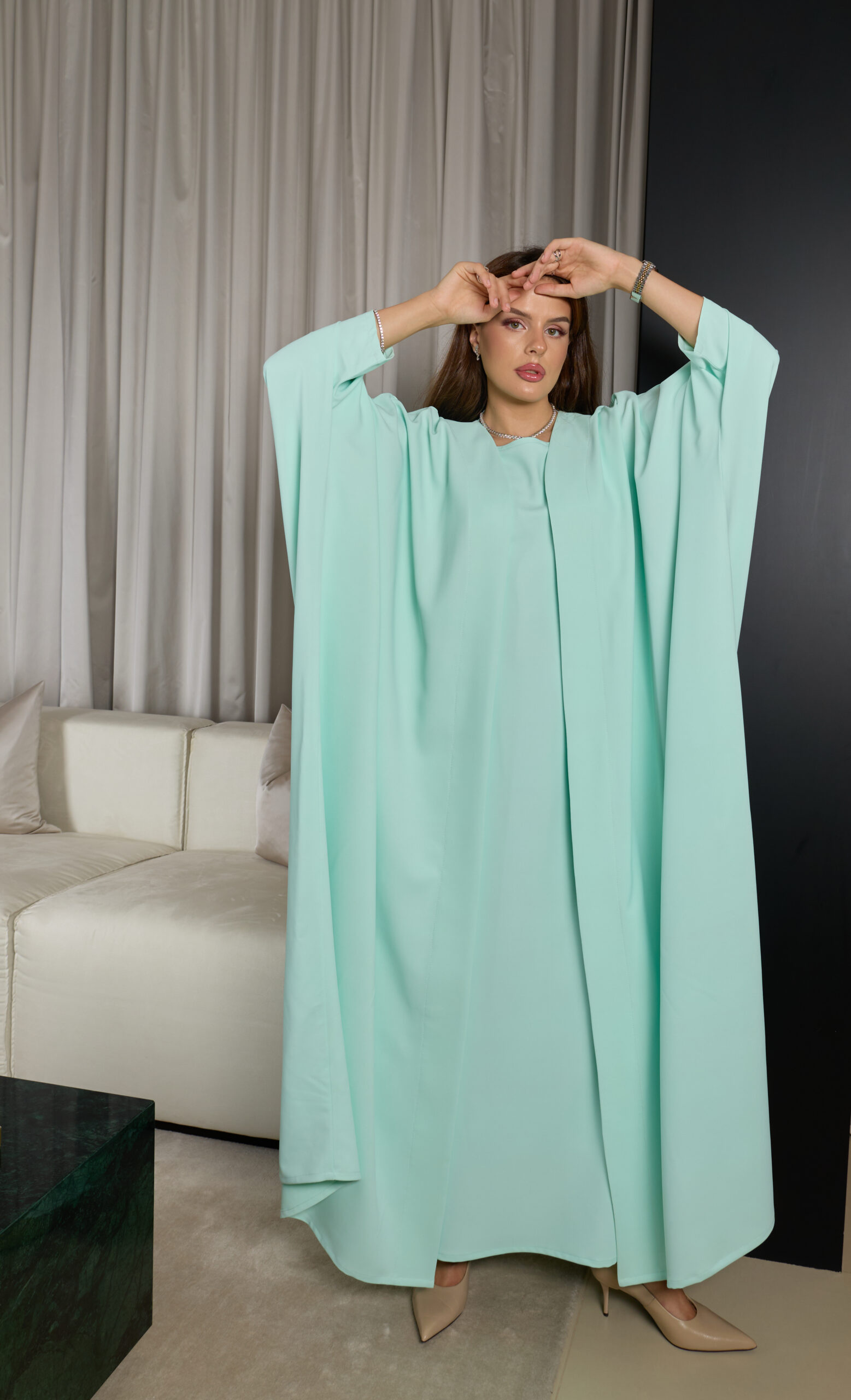 Mint Green Plain Abaya Set - Image 5
