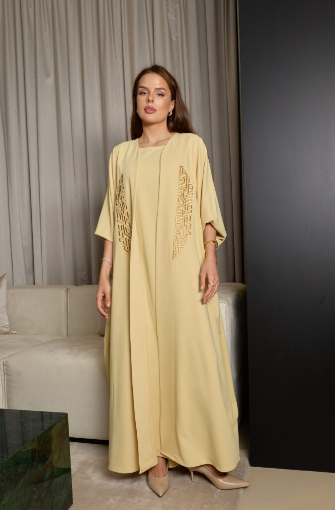 Yellow With Gold Embroidery Abaya Set