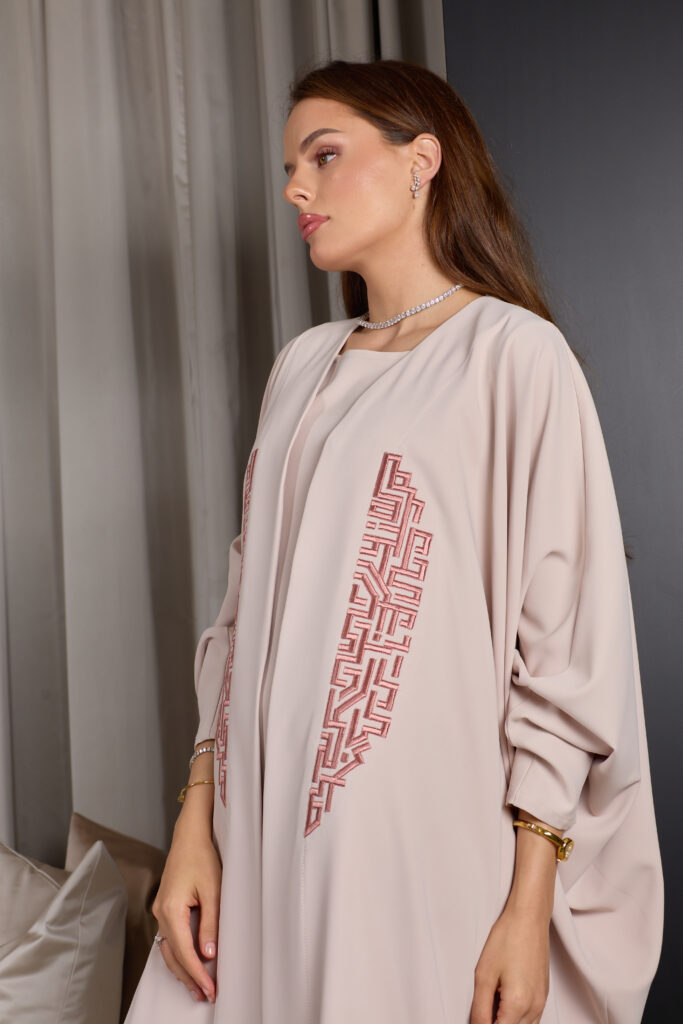 Light Blush With Pink Embroidery Abaya Set