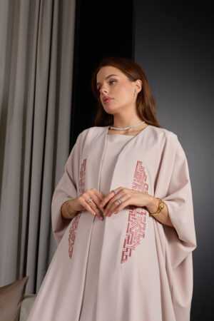 Light Blush With Pink Embroidery Abaya Set - Image 3