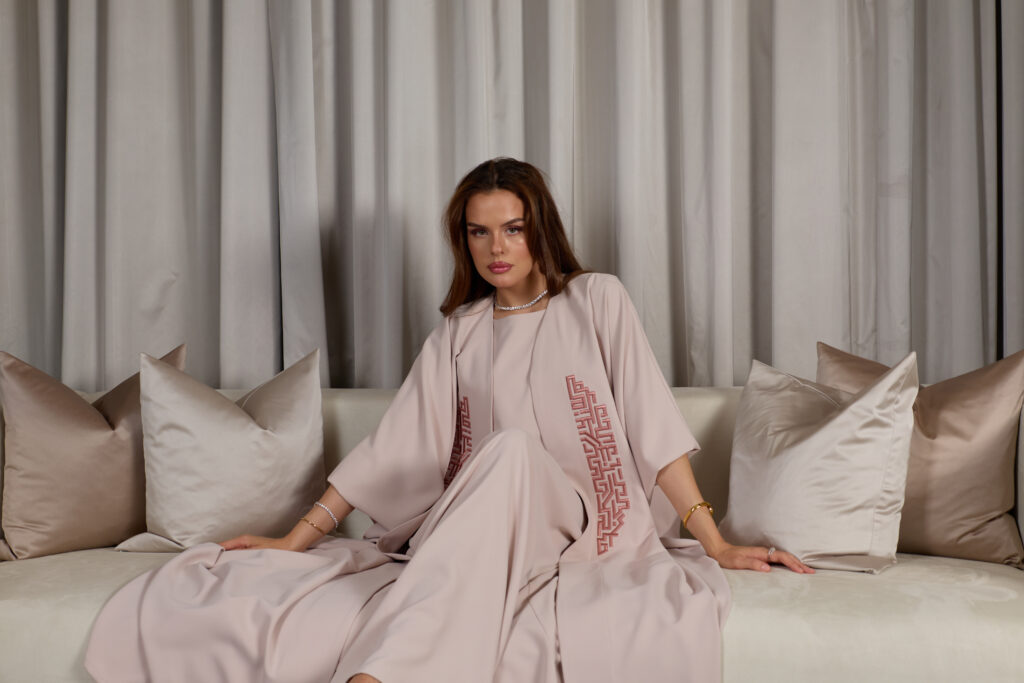 Light Blush With Pink Embroidery Abaya Set