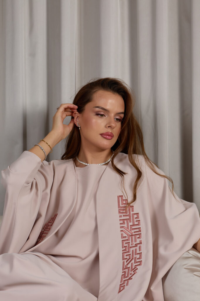 Light Blush With Pink Embroidery Abaya Set