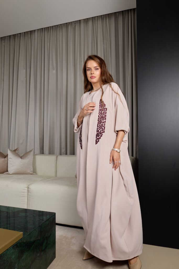 Light Blush With Maroon Embroidery Abaya Set