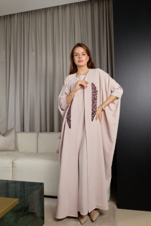 Light Blush With Maroon Embroidery Abaya Set - Image 1