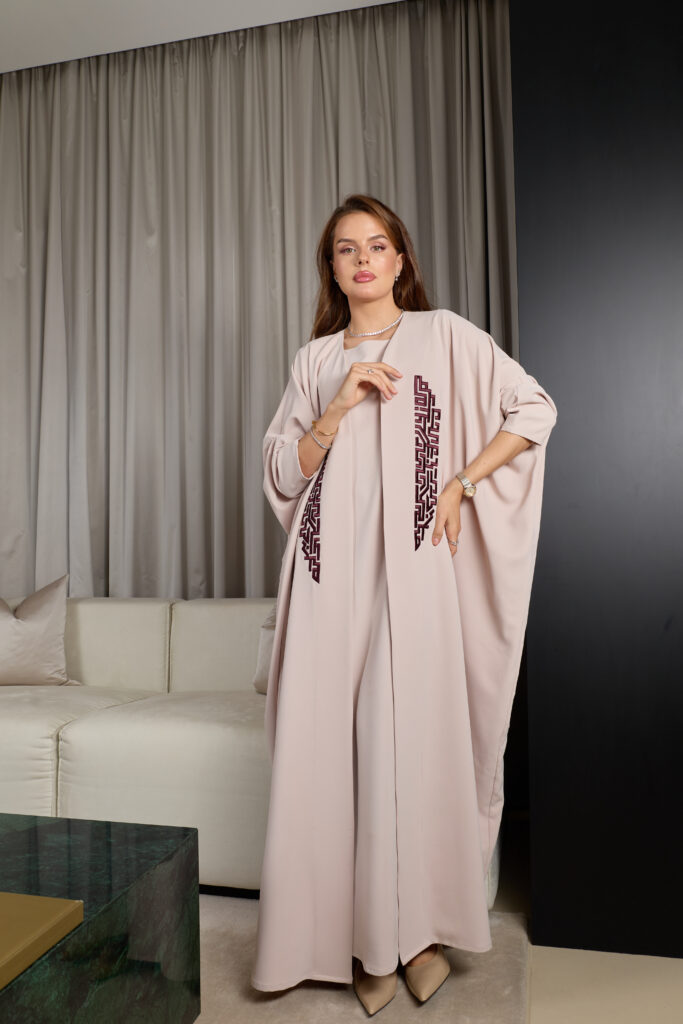 Light Blush With Maroon Embroidery Abaya Set